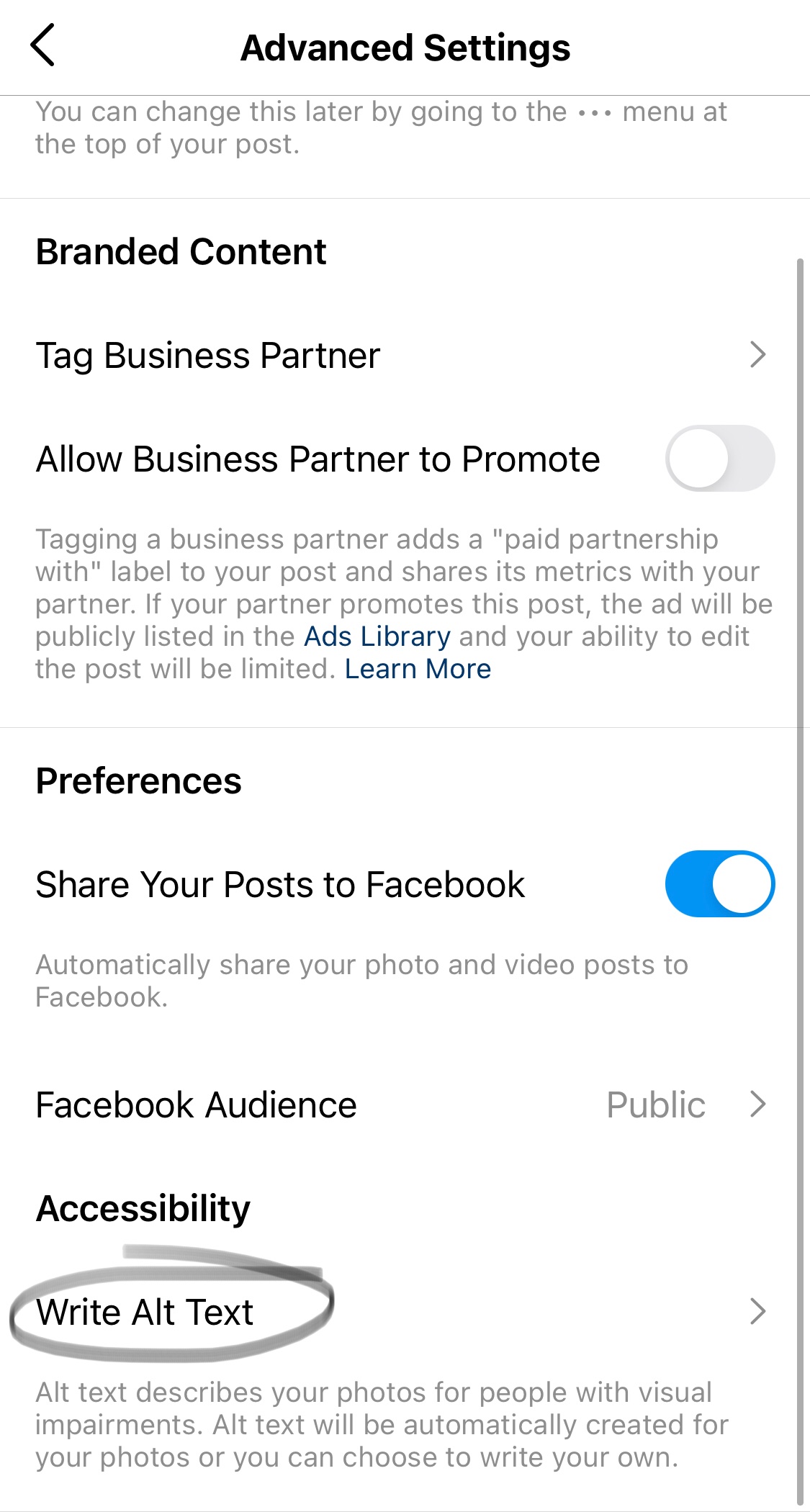 Instagram advanced settings menu indicating how to access the alt text function.