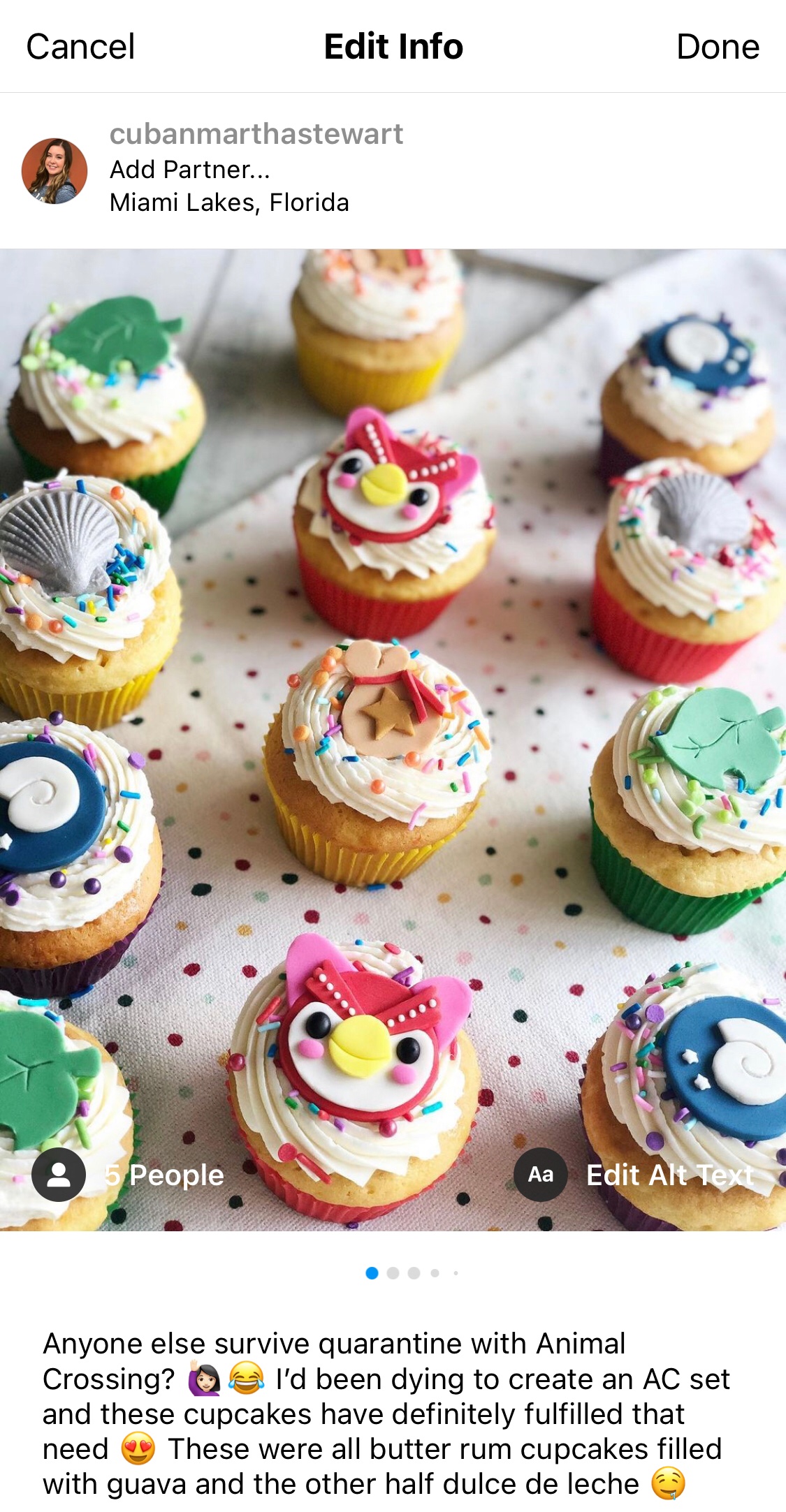 Screen shot of Instagram post including decorative cupcakes with sprinkles including a money bag, a red owl, a green leaf, a silver sea shell, and a blue fossil.